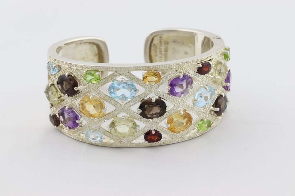 Sterling Silver Multi Gemstone Cuff Bangle Bracelet 6 1/2" inch
